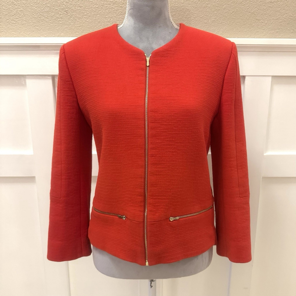 Sandro Women's Coral Red Colarless Blazer Jacket Size:40(US:M) Lined Pockets Zip